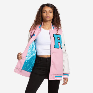 Wholesale Price Pink Varsity <b>Jacket</b> Women's Embroidered Letter R Patch Design Full Sleeve Turn-down Collar Autumn Wear - Product Image 5