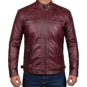 Veste en cuir véritable bordeaux pour homme, col montant, fermeture éclair, style motard - Product Image 5