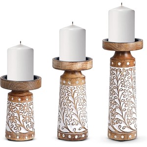 Handcrafted Mango Wood <b>Candle</b> Holder <b>Set</b> - Floral Design Wholesale India - Product Image 1