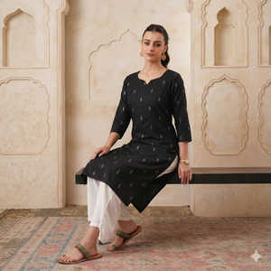 Kurta de Diseño Indio de Alta Calidad en Seda Negra para Mujer, con Estampado Dorado, Estilo Étnico para Fiesta, Corte Ajustado y Transpirable - Product Image 1