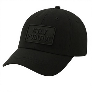 Black 6-Panel Baseball <b>Cap</b> with Raised Rubber Stay Positive Logo Street Style Y2K Unisex Casual Fitted Hat - Product Image 1