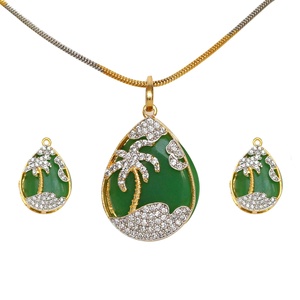 Conjunto de Collar y Pendientes de Ónix Verde con Forma de Palmera, Chapado en Oro de 22K sobre Latón, Corte Princesa, Engaste de Canal, Joyería de Moda - Product Image 1