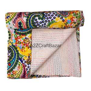 Couvre-lit Kantha en coton 100% fait main en Inde, imprimé à la main, motif floral multicolore, vintage Gudri, pour hôtel - Product Image 1