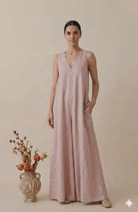 V Neck Sleeveless Maxi Linen <b>Dress</b> In Pink <b>Loose</b> Fit With Pockets Breathable Natural Waistline Minimalist Style Casual Wear - Product Image 1