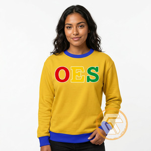 Sweat-shirt à col rond pour femme, imprimé lettres OES, devant uni, jaune, bordure bleue, coupe régulière, vêtement d'automne - Product Image 3
