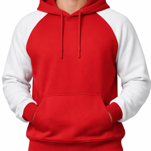 Sweat à capuche homme premium rouge et blanc, style raglan, personnalisable, bicolore, manches contrastées, style baseball, vente en gros - Product Image 3