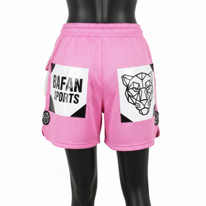 Shorts de basket-ball pour femmes en mesh polyester respirant 160 GSM, rose, avec logo personnalisé par transfert thermique. - Product Image 3