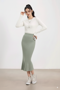 Jupe mi-longue côtelée taille haute pour femme, coupe sirène, élégante, silhouette trapèze, décontractée, en laine extensible et confortable - Product Image 4