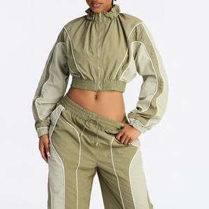 Customized 2 Piece Women's Striped Sports Tracksuit <b>Set</b> Summer Breathable Full Length Polyester Athletic Crop Top Wide Leg Pants - Product Image 3