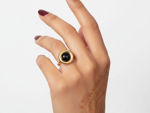 Black Onyx Stud <b>Ring</b> 18K Gold Plated Brass Bezel <b>Set</b> Trendy Minimalist - Product Image 1