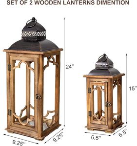 Rustic Wooden <b>Lantern</b> Candle Holder Set Decorative Metal Top Glass Panel Farmhouse <b>Table</b> <b>Lamp</b> Home Decor - Product Image 3