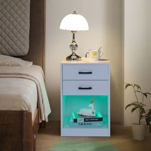 FCH White 40*35*60cm Nightstand with LED <b>Light</b> Particleboard Pasted Triamine Two Drawers and <b>Socket</b> Bedside Table - Product Image 3