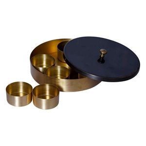 Boîte à épices moderne en métal finition laiton avec couvercle noir et compartiments, vente en gros, conteneur de condiments de luxe pour cuisine, Masala Dabba - Product Image 1