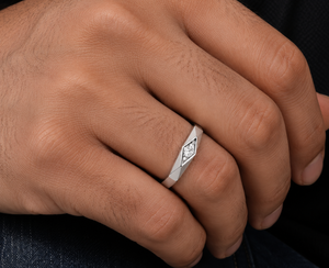Custom 14KT <b>Silver</b> Plated White Gold Men's Classic Engagement <b>Solitaire</b> Diamond <b>Ring</b> | Angular Geometric Wedding <b>Ring</b> | Fine - Product Image 1