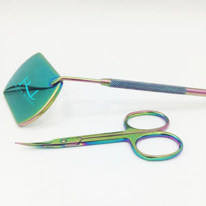 Multi Plasma Coated Color <b>Square</b> Shape Eyelash Extension <b>Mirror</b> And Diamond Grip Handle And Multi Color Cuticle Scissor Set - Product Image 3