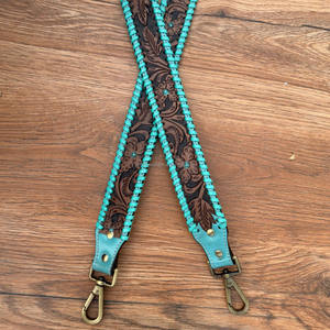 Western Turquoise Tooled Leather Guitar Strap Genuine Leather Replacement Crossbody Bag Strap with Antique Brass Finish Snap - Product Image 2