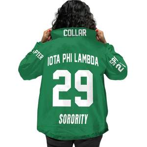 Veste universitaire personnalisée pour femmes Iota Phi Lambda, vert émeraude, avec blason à lettres grecques sur le devant et le dos, numéro et année, style bomber - Product Image 3
