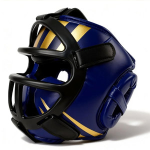 Blue PU Leather <b>Boxing</b> Head Guard with Gold Stripes Protective Gear for Adults Unisex Sports Use - Product Image 1