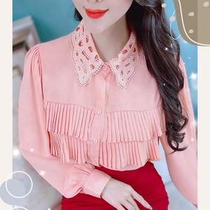Blouses élégantes décontractées à manches longues pour femmes avec col en dentelle festonnée et double volant plissé sur le devant, idéales pour le bureau et les boutiques (vente en gros) - Product Image 2