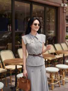 Blusa sin Mangas para Mujer, Gris, de Poliéster y Elastano, con Cuello Camisero y Botones, Elegante, para Oficina, Estilo Chic, Primavera-Verano, Tejido Sólido, MELA - Product Image 3