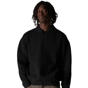 Men Waffle Knit <b>Long</b> Sleeve Polo Sweater <b>Black</b> Casual Button Collar Pullover Top Soft Textured Cotton Blend OEM Custom - Product Image 3