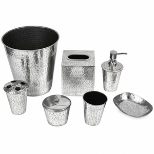 7 Piece Stainless Steel <b>Bathroom</b> <b>Accessory</b> <b>Set</b> Hammered Metal Soap Dispenser Wastebasket Tissue Box Holder for Modern Hotel Use - Product Image 4