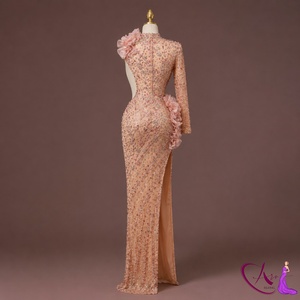 Luxury <b>Nude</b> Crystal Handmade <b>Mermaid</b> Silhouette Floor-Length Evening Gown | One-Shoulder High Slit Women's Wedding Reception - Product Image 2