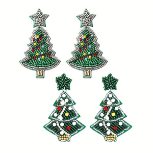Boucles d'oreilles pendantes de luxe artisanales et écologiques, brodées de perles de rocaille, motif sapin de Noël, bijoux festifs pour fête ou cadeau - Product Image 6