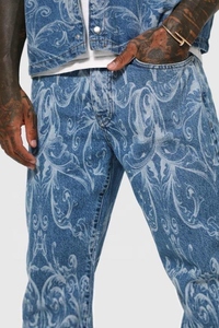 Men's Stonewashed Straight Fit Denim Jeans High Waist Casual Cotton Printed <b>Pants</b> With Paisley Pattern <b>Summer</b> Style - Product Image 5