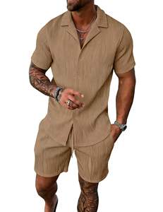 Mens Vintage Khaki Ribbed <b>Shirt</b> and Shorts Set Breathable Polyester Summer Casual Customizable Two-Piece Outfit - Product Image 1