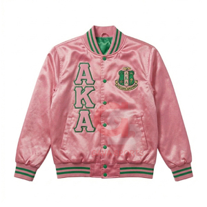 Customized Womens AKA pink satin greek jacket and womens lady crop breathable Satin Knitted embroidery sorority Bomber Jacket - Product Image 1