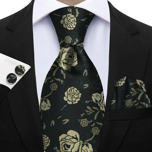 Conjunto de Corbata Floral Premium de 3 Piezas - Corbata de Poliéster Seda, Pañuelo de Bolsillo y Gemelos - Elegante para Bodas y Ocasiones Formales - Product Image 1