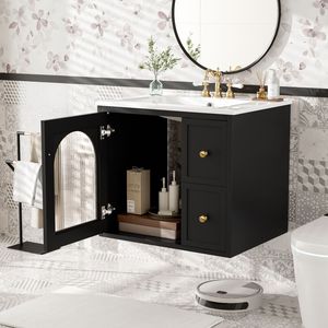 Mobile Bagno Sospeso da 24 Pollici per Spazi Ridotti con Lavabo in Ceramica, 2 Cassetti e 1 Anta con Chiusura Ammortizzata - Product Image 2