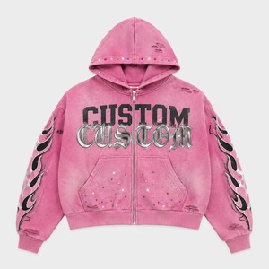 Hoodie rose personnalisé en coton, coupe oversize courte, fermeture éclair intégrale, orné de strass, style streetwear, fabricant, faible MOQ, 10 pièces minimum pour commande en gros - Product Image 6