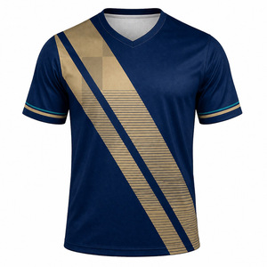 Maillot de handball personnalisé professionnel pour homme, bleu et or, imprimé par sublimation, séchage rapide, col en V, manches courtes, polyester athlétique - Product Image 3