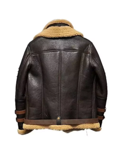 Veste aviateur en fausse fourrure marron pour homme, col rabattu épais, fermeture éclair, style motard avec ceinture - Product Image 3