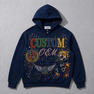 OEM Custom Navy Blue Heavyweight Hoodie Colorful Rhinestones Multi Patchwork Embroidery <b>Pullover</b> Hoodies Y2K Style Streetwear - Product Image 2