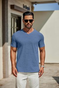 Camiseta de Cuello en V para Hombre, Algodón Premium, Manga Corta, Informal, Tejido Suave y Transpirable, Corte Ajustado, Moda de Verano, Camiseta Básica para Uso Diario - Product Image 3