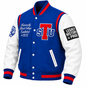 Chaqueta Universitaria Azul y Blanca Personalizada – Chaqueta Letterman Bordada con Chenille - Product Image 4