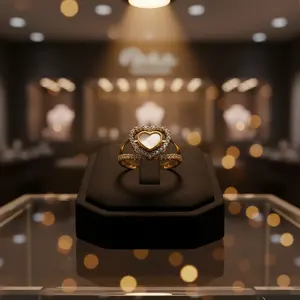 Elegante Anillo Doble Corazón Dorado con Halo de Diamantes y Centro de Madreperla para Mujer, Joyería Fina Romántica, Regalo - Product Image 2