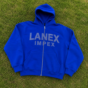 Sweat à capuche zippé personnalisé bleu avec strass pour hommes et femmes, style streetwear oversize, imprimé lettres en cristal, vente en gros - Product Image 6