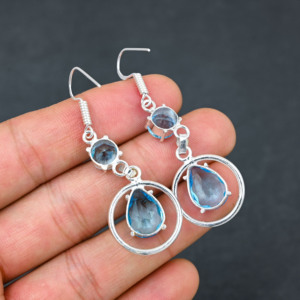 Boucles d'oreilles personnalisées en topaze bleue, style bohème, faites à la main, 1,90 pouce, bijoux en argent sterling 925 - Product Image 3