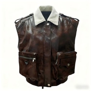 Retro Distressed PU Two-Piece Look Fleece Collar <b>Utility</b> <b>Vest</b>-Men's Winter Outerwear Casual Multi-Pocket Sleeveless Waistcoat - Product Image 1