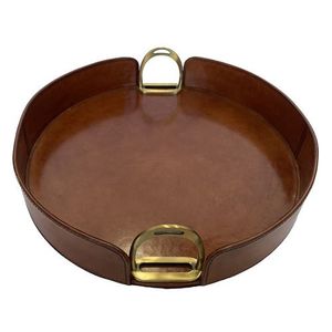 Plateau décoratif rond en cuir de luxe avec poignée à boucle métallique, design rustique pour la maison ou le bureau - Product Image 1