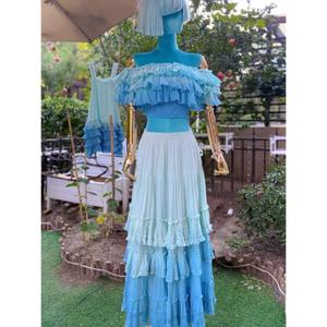 Ocean Blue Set <b>Skirt</b> Shoulder Ruffle Bohemian Dress Natural Waist Party Floor Length Sleeveless Summer Women's Solid Color - Product Image 5