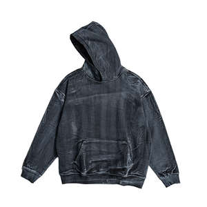 Survêtement en jean personnalisé pour homme, délavage acide, épaules tombantes, ourlet côtelé, coupe et couture, streetwear, motif uni, polaire respirant - Product Image 5