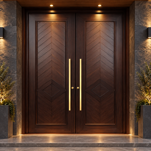 Puerta Doble de Madera Sólida con Patrón Chevron, Manijas Doradas, Apertura Abatible, Operación Manual, Acabado para Decoración de Apartamentos y Villas - Product Image 1
