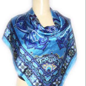 Écharpe longue en satin à motif à carreaux bleu et noir, style vintage, en soie, design personnalisé, pour femmes et filles, décontractée - Product Image 1