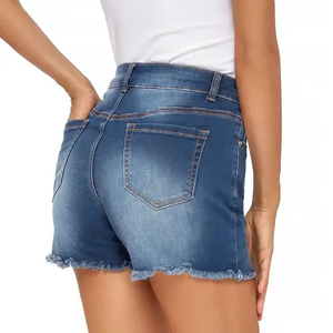Shorts de mezclilla de algodón de moda para mujer, pantalones cortos de mezclilla de cintura alta para verano, shorts de mezclilla con dobladillo deshilachado para mujer - Product Image 5