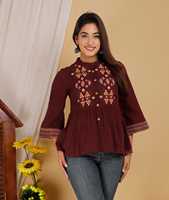 Atasan Peplum Bordir Maroon Premium Wanita, Tunik Etnik Kasual Dengan Kancing Depan Dan Ujung Bawah Melebar Untuk Dipadukan Dengan Jeans